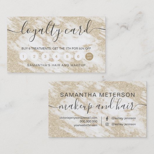 エレガントなタイポグラフィの金ゴールドのグリッターの白の大理石 ロイヤリティカード (正面/裏面)