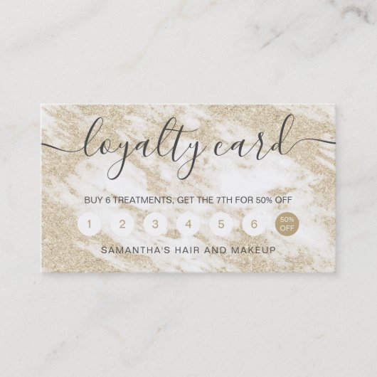 エレガントなタイポグラフィの金ゴールドのグリッターの白の大理石 ロイヤリティカード (正面)