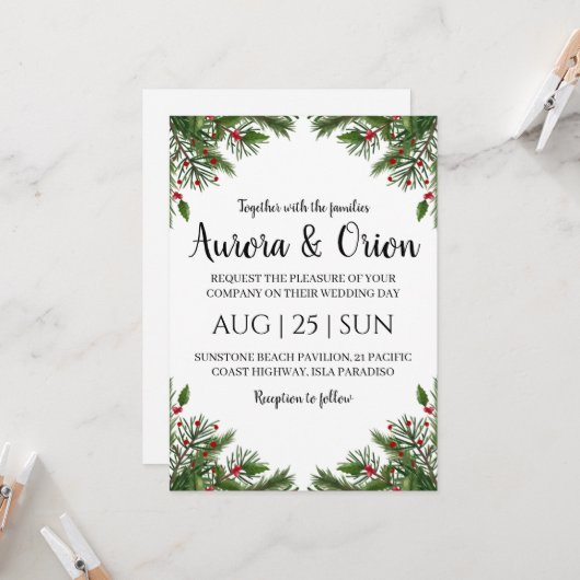 エレガントなタイポグラフィーのクリスマスウェディングカード 招待状 (正面/裏面インサイチュ)