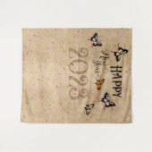 エレガントなタイポグラフィーの蝶の星のニューレトロなお正月 タペストリー (正面(横))