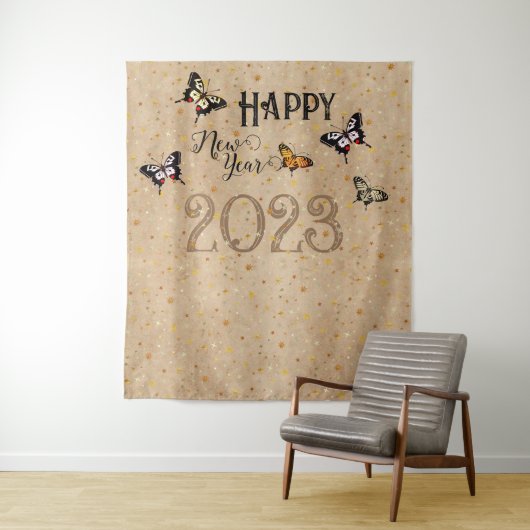 エレガントなタイポグラフィーの蝶の星のラスティックな新年 タペストリー (インサイチュ)