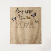 エレガントなタイポグラフィーの蝶の星のラスティックな新年 タペストリー (正面)