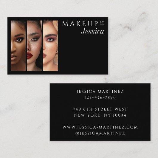 エレガントなタイポグラフィー ブラック&ホワイト 3 フォト メイクアップ 名刺 (正面/裏面)