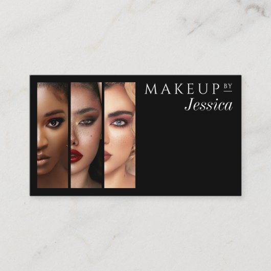 エレガントなタイポグラフィー ブラック&ホワイト 3 フォト メイクアップ 名刺 (正面)
