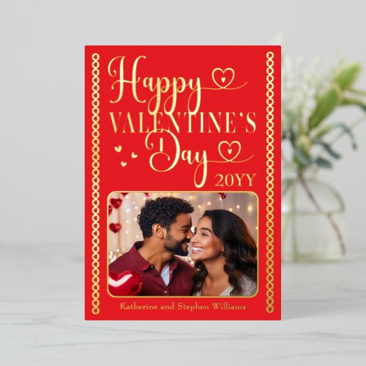 エレガントなタイポグラフィ写真 ハッピーバレンタインデー 箔シーズンカード (立ち正面)