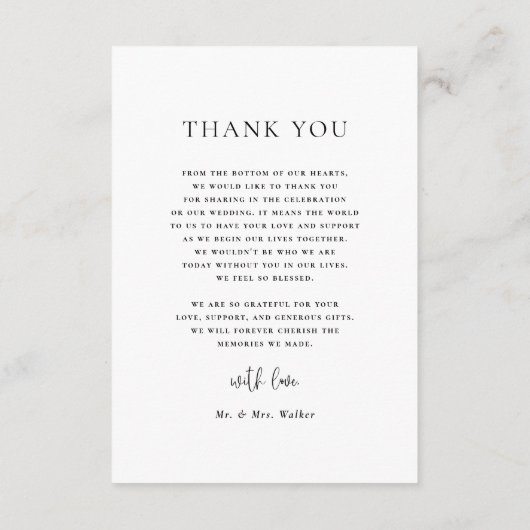 エレガントなタイポグラフィ最小限の写真結婚式 サンキューカード (裏面)