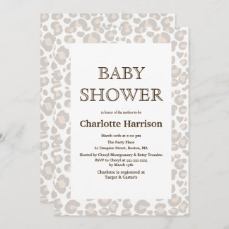 エレガントなタウペ＆ホワイト チーター柄 ベビーシャワー 招待状