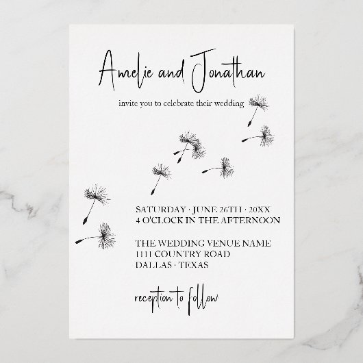 エレガントなタンポポの願いを祝おう フォト 箔招待状 (裏面)