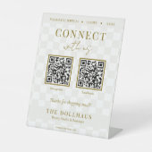 エレガントなタン チェッカーボード ゴールド Connect With Us QRコード 台座サイン (正面)