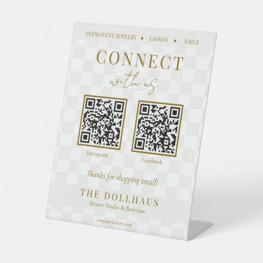 エレガントなタン チェッカーボード ゴールド Connect With Us QRコード 台座サイン (正面)