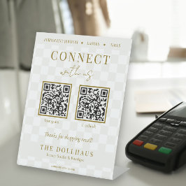 エレガントなタン チェッカーボード ゴールド Connect With Us QRコード 台座サイン