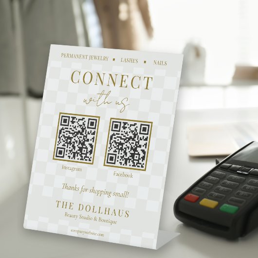 エレガントなタン チェッカーボード ゴールド Connect With Us QRコード 台座サイン