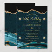 エレガントなターコイズとゴールドのグリッターアゲート 60歳の誕生日 招待状 (正面/裏面)