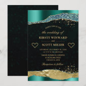 エレガントなターコイズとゴールドのグリッター グラム テアーズ ウェディング 招待状 (正面/裏面)