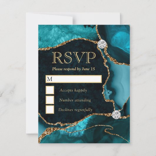 エレガントなターコイズとゴールドのフェイク グリッター マーブル アゲート 出欠カード (正面)