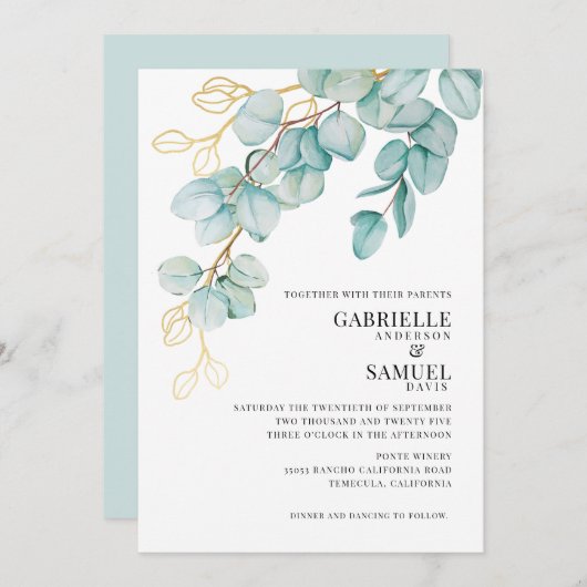 エレガントなターコイズとゴールドのユーカリの結婚式招待状 (正面/裏面)