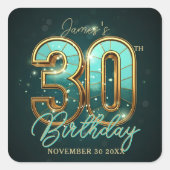 エレガントなターコイズとゴールドの30歳誕生日3Dラグジュアリー スクエアシール (正面)