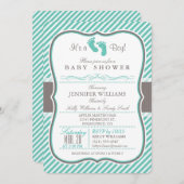 エレガントなターコイズとタウペの赤ちゃんの足 ベビーシャワー 招待状 (正面/裏面)