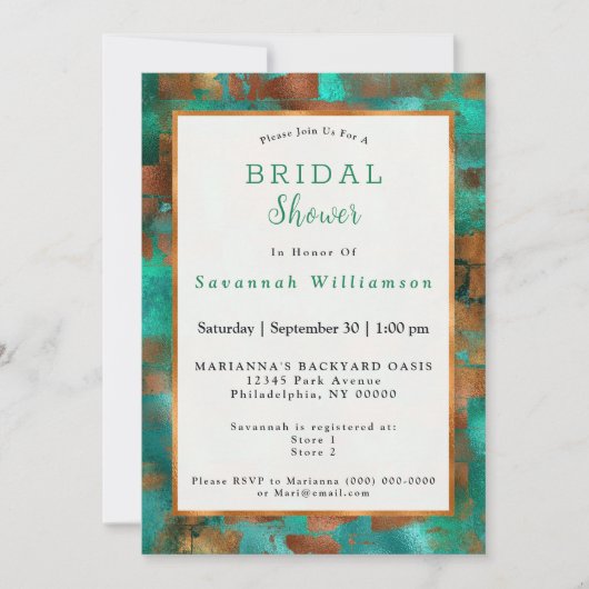 エレガントなターコイズと銅の抽象的なチックな結婚前お披露目パーティー 招待状 (正面)