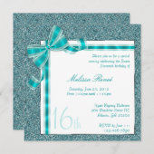 エレガントなターコイズの疑似グリッター招待状(リボン付き) 招待状 (正面/裏面)