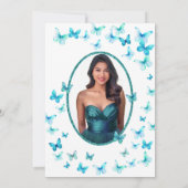 エレガントなターコイズの蝶のドレス 18歳のデビューおめでとう 招待状 (裏面)