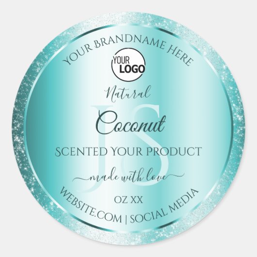 エレガントなターコイズグリッター商品ラベル モノグラムロゴ ラウンドシール (正面)