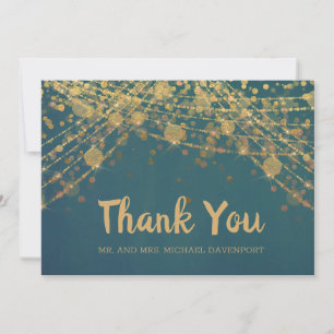 エレガントなターコイズゴールドのストリングライトボケウェディング サンキューカード
