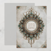 エレガントなターコイズゴールドのピーコックマンダラボホウェディング 招待状 (正面/裏面)