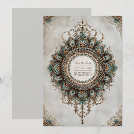 エレガントなターコイズゴールドのピーコックマンダラボホウェディング 招待状 (正面/裏面)