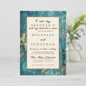 エレガントなターコイズゴールドの聖書の一節を使ったクリスチャンウェディング 招待状 (スタンド正面)
