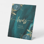 エレガントなターコイズゴールドの花モチーフのウェディングギフト 台座サイン (正面)