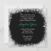 エレガントなターコイズサテン、シルバーグリッター、キンセアラ 招待状 (裏面)