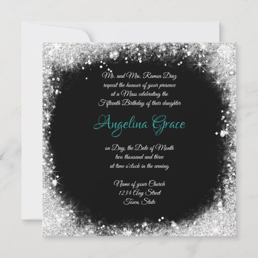 エレガントなターコイズサテン、シルバーグリッター、キンセアラ 招待状 (裏面)