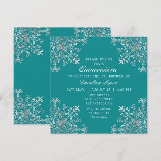 エレガントなターコイズシルバー装飾花飾り キンセアニエラ 招待状 (正面/裏面)