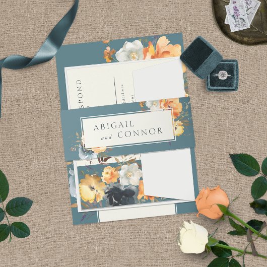 エレガントなターコイズテラコッタ ネイビー ボヘミアンフラワー 招待状ベリーバンド