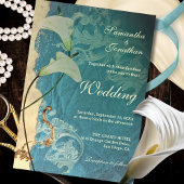 エレガントなターコイズバロックとコーラルユリのウェディング 招待状