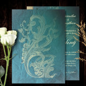 エレガントなターコイズバロックとコーラルユリのウェディング 招待状
