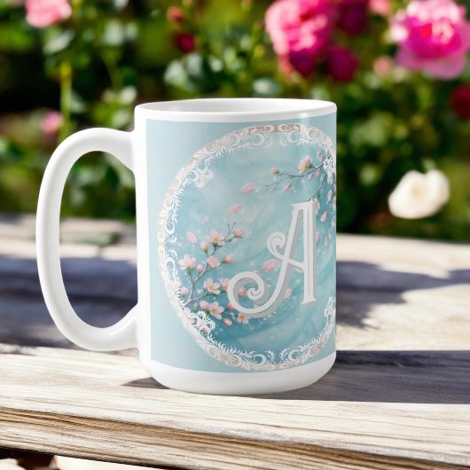エレガントなターコイズピンクの桜のイニシャル コーヒーマグカップ
