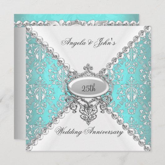 エレガントなターコイズブルーとホワイトの25周年結婚記念日 招待状 (正面/裏面)