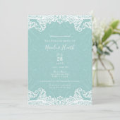 エレガントなターコイズブルーと白のレースのエンゲージメントドレス 招待状 (スタンド正面)