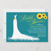 エレガントなターコイズブルーのひまわりウェディングドレス ブライダルシャワー 招待状 (正面)