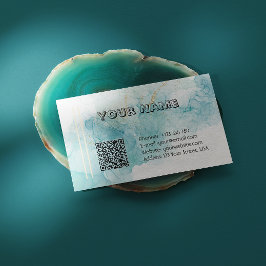 エレガントなターコイズブルーのアルコールインクマーブル　QRコード付き 名刺