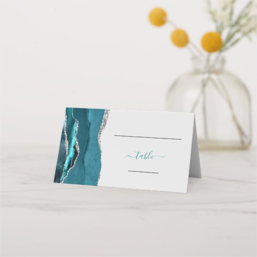 エレガントなターコイズブルーのシルバーアゲート結婚式 プレイスカード (正面)