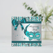 エレガントなターコイズブルーのヒョウ柄マスカレードパーティー 招待状 (スタンド正面)