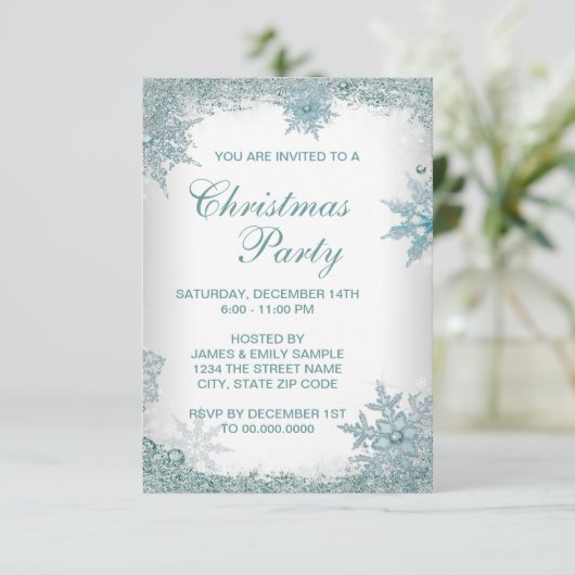 エレガントなターコイズブルーの雪の結晶クリスマスパーティーの招待状 招待状 (スタンド正面)