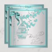 エレガントなターコイズブルーの鳥かご ブライダルシャワー 招待状 (正面/裏面)