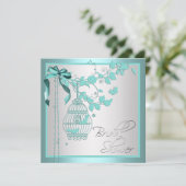 エレガントなターコイズブルーの鳥かご ブライダルシャワー 招待状 (スタンド正面)