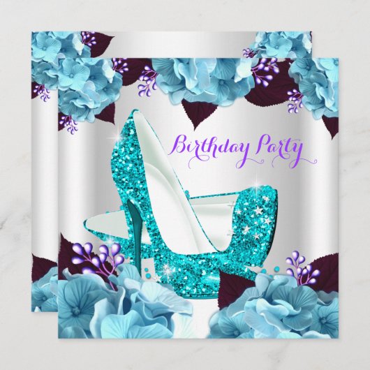 エレガントなターコイズブルー パープル ハイ ヒール 誕生日パーティー 2 招待状 (正面/裏面)