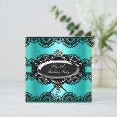 エレガントなターコイズブルー ブラック シルバー ラッセル 誕生日 招待状 (スタンド正面)