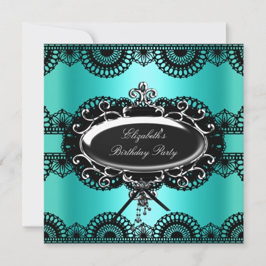 エレガントなターコイズブルー ブラック シルバー ラッセル 誕生日 招待状 (正面)